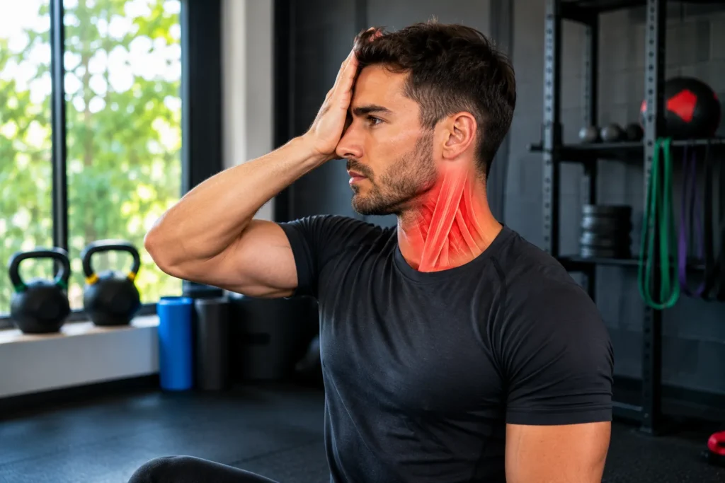 Homme réalisant un exercice isométrique de renforcement des muscles du cou dans une salle de sport