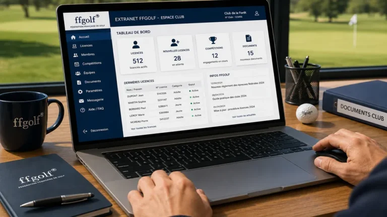Gestion administrative d’un club de golf sur ordinateur avec vue sur un parcours pour illustrer l’utilisation d’ExtranetGolf