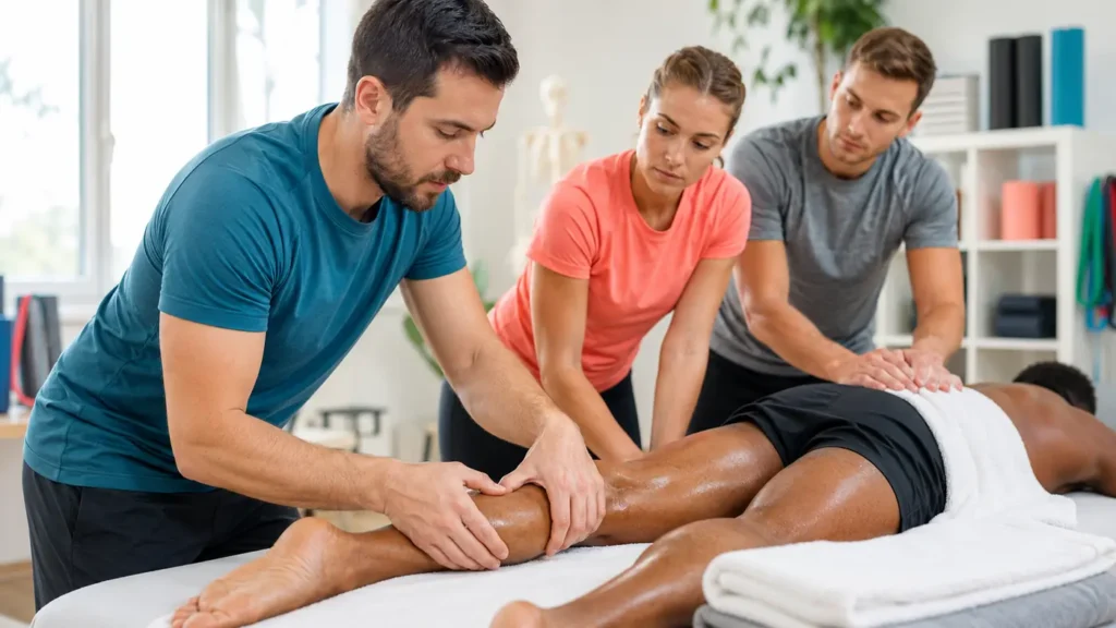 Formateur montrant une technique de massage sportif à des stagiaires pendant une formation pratique.