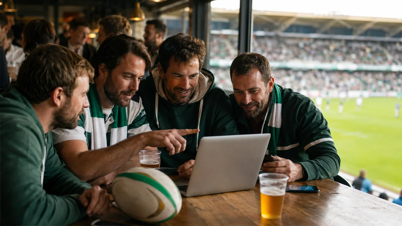 Supporters de rugby palois regardant un forum sur ordinateur dans une loge de stade avec ballon et ambiance de match.