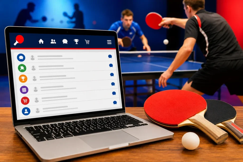 Ordinateur affichant une interface de forum de tennis de table avec raquettes, balle et joueurs en arrière-plan dans une salle colorée.