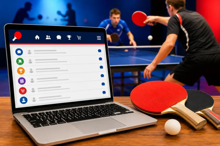 Ordinateur affichant une interface de forum de tennis de table avec raquettes, balle et joueurs en arrière-plan dans une salle colorée.