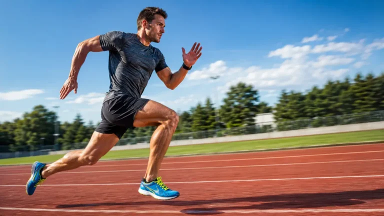 fractionné 30/30 avec un coureur en plein effort sur une piste d’athlétisme