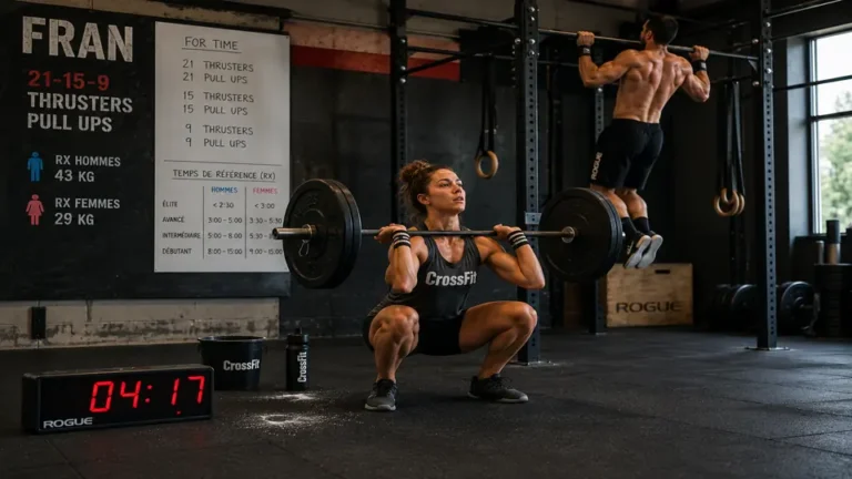 Athlète réalisant un thruster pendant le WOD Fran dans une salle de CrossFit tandis qu’un autre sportif effectue des tractions sur une barre de traction