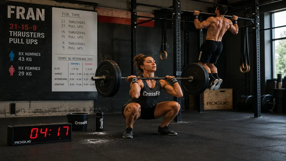 Athlète réalisant un thruster pendant le WOD Fran dans une salle de CrossFit tandis qu’un autre sportif effectue des tractions sur une barre de traction