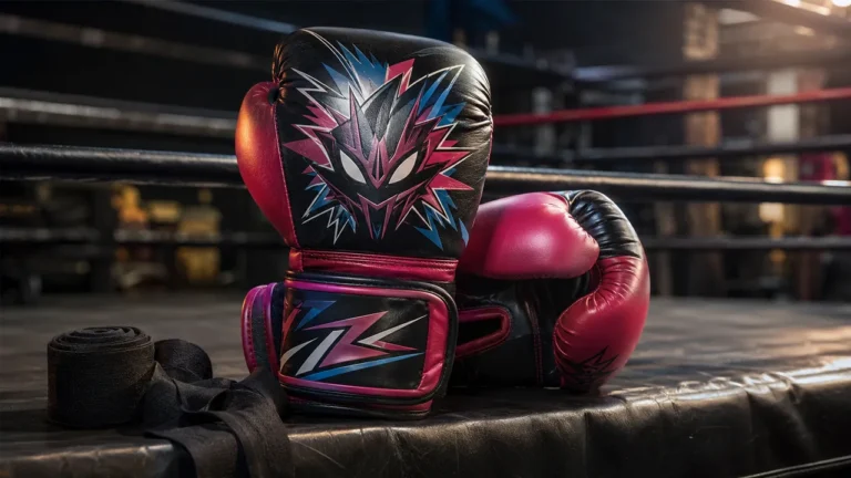 Gants de boxe personnalisés avec motif stylisé coloré posés sur un ring dans une salle d’entraînement.