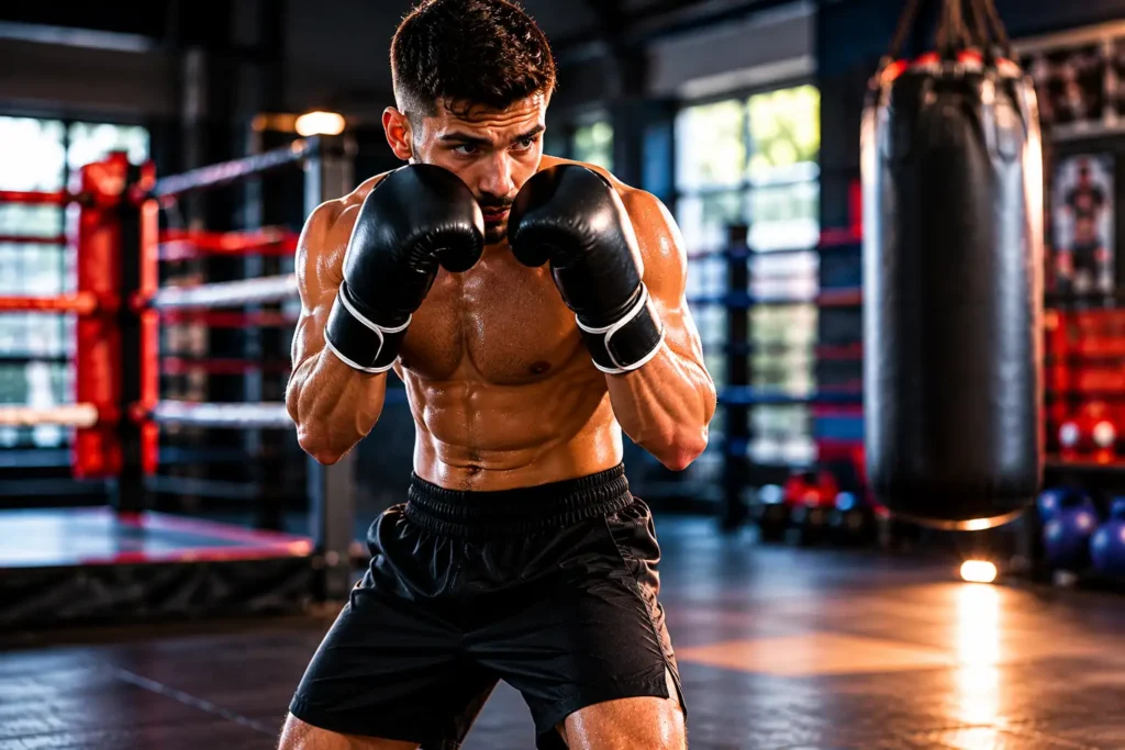 Boxeur en position de garde dans une salle de boxe, mains hautes protégeant le visage, posture équilibrée et éclairage sportif dynamique.