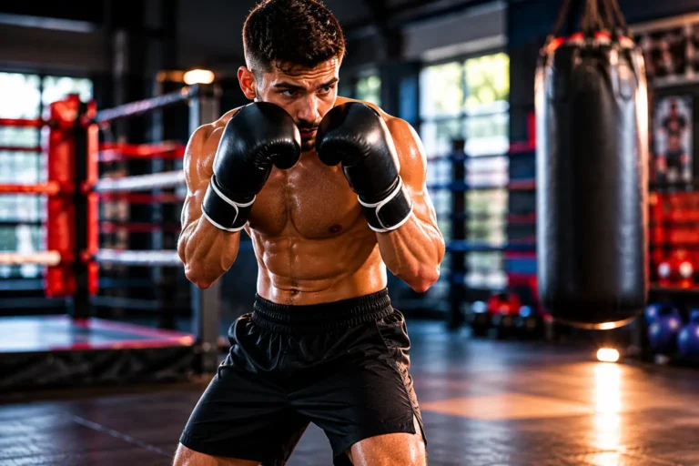 Boxeur en position de garde dans une salle de boxe, mains hautes protégeant le visage, posture équilibrée et éclairage sportif dynamique.