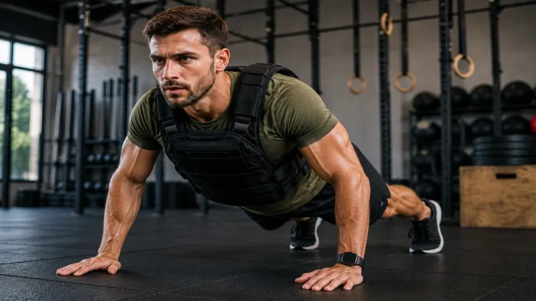 Sportif réalisant des pompes avec un gilet lesté dans une salle de CrossFit pour illustrer l’entraînement avec charge additionnelle