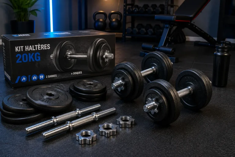 Kit d’haltères réglables 20 kg avec disques en fonte et barres filetées dans une salle de musculation à domicile moderne.