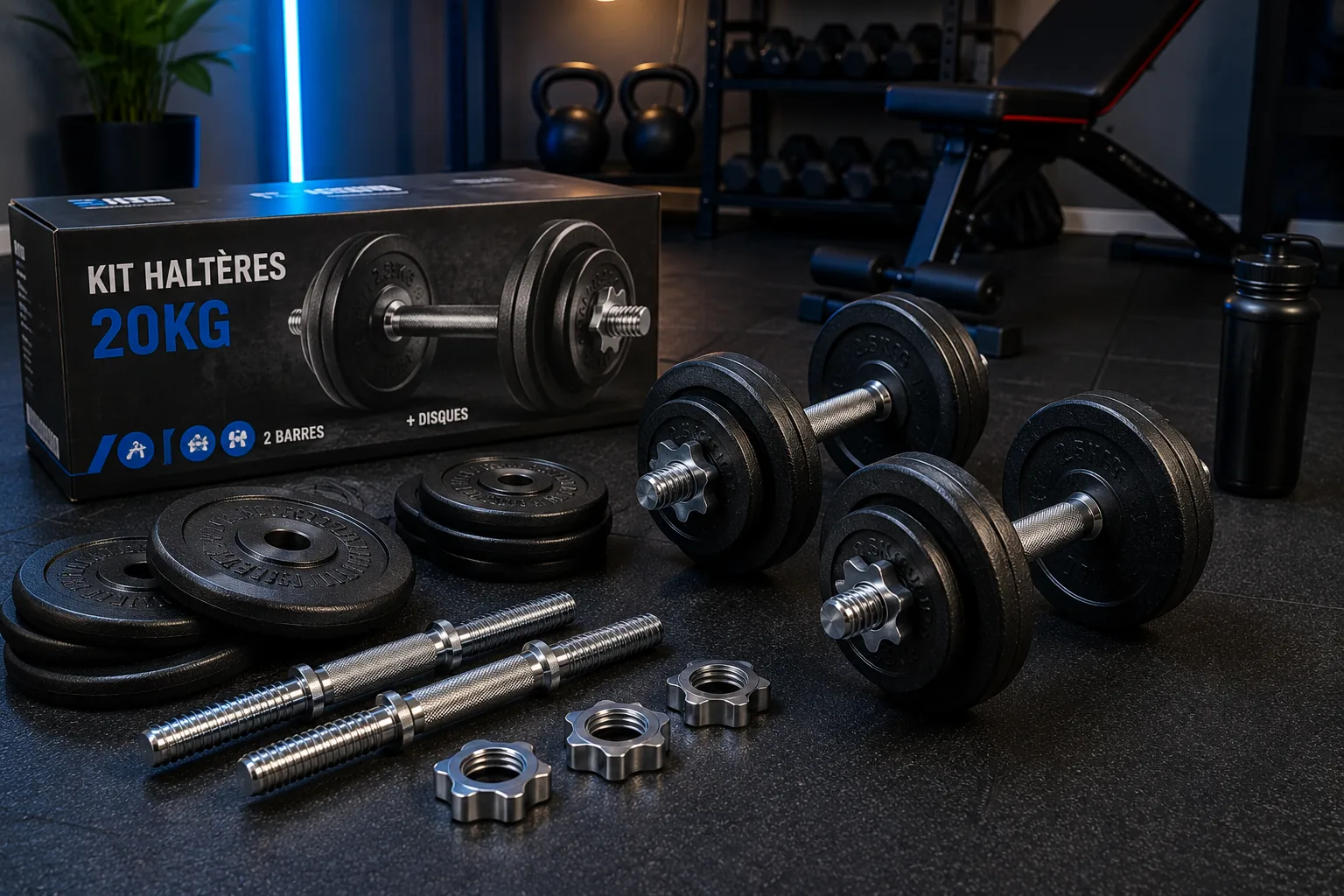 Kit d’haltères réglables 20 kg avec disques en fonte et barres filetées dans une salle de musculation à domicile moderne.