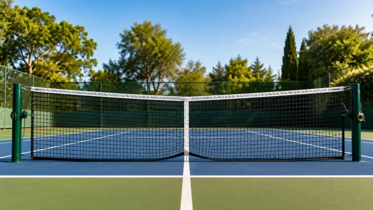 Filet de tennis réglementaire installé sur un court avec la hauteur officielle conforme aux normes ITF.