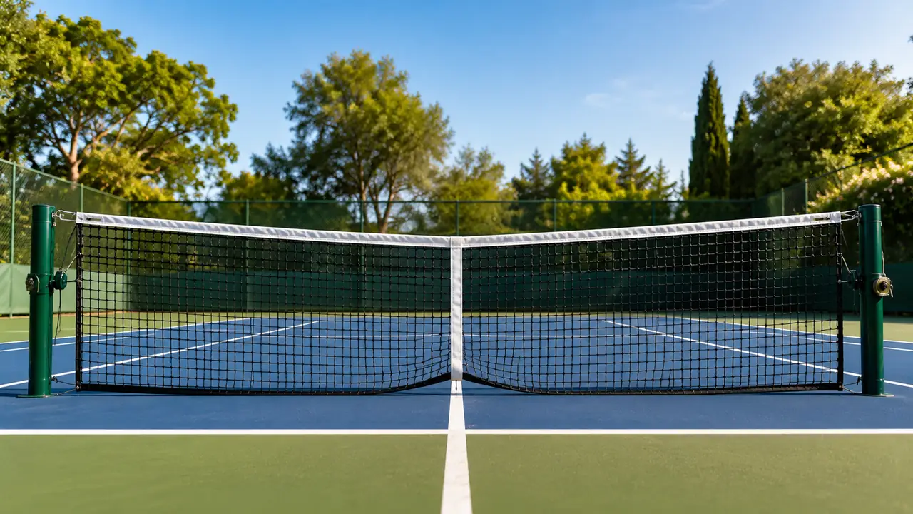 Filet de tennis réglementaire installé sur un court avec la hauteur officielle conforme aux normes ITF.