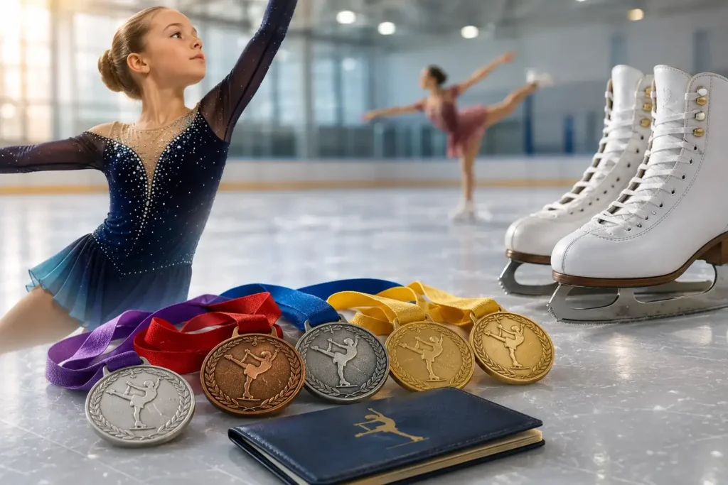 Médaille patinage artistique avec jeune patineuse réalisant une figure sur glace dans une patinoire moderne