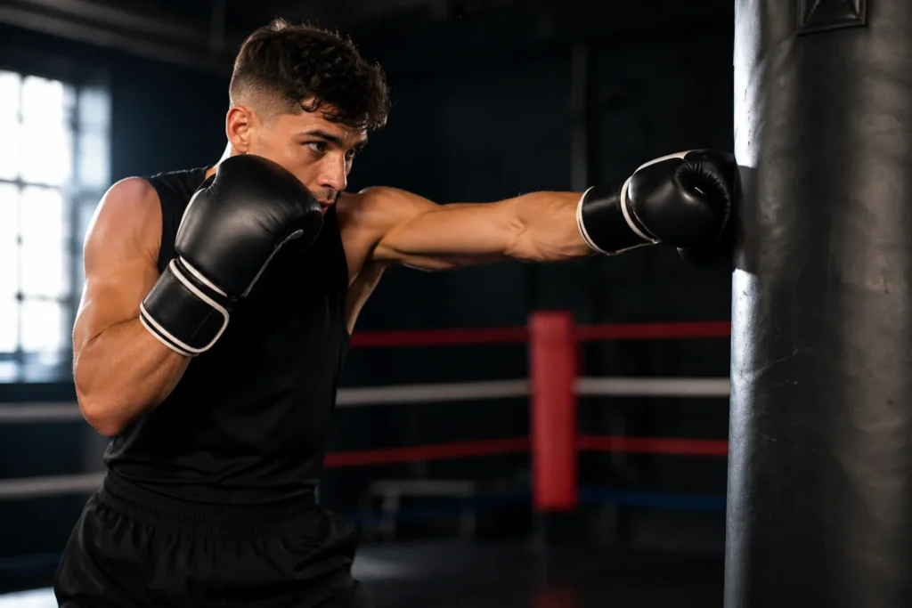 Boxeur exécutant un jab boxe sur un sac de frappe dans une salle d'entraînement.