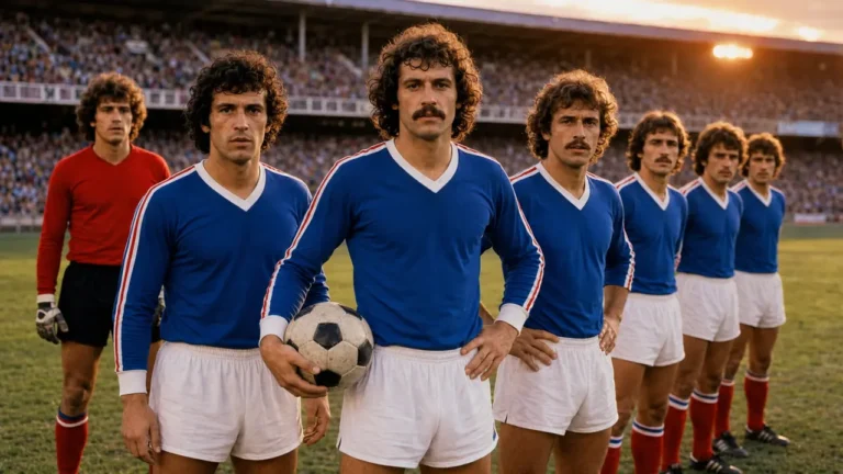 Joueurs de foot français au style années 70-80 posant sur un terrain avec maillots rétro bleu blanc rouge et ballon vintage.
