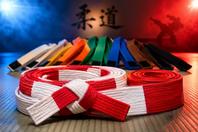 Ceinture blanche et rouge de judo posée sur un tatami avec plusieurs ceintures de couleur en arrière-plan dans un dojo.