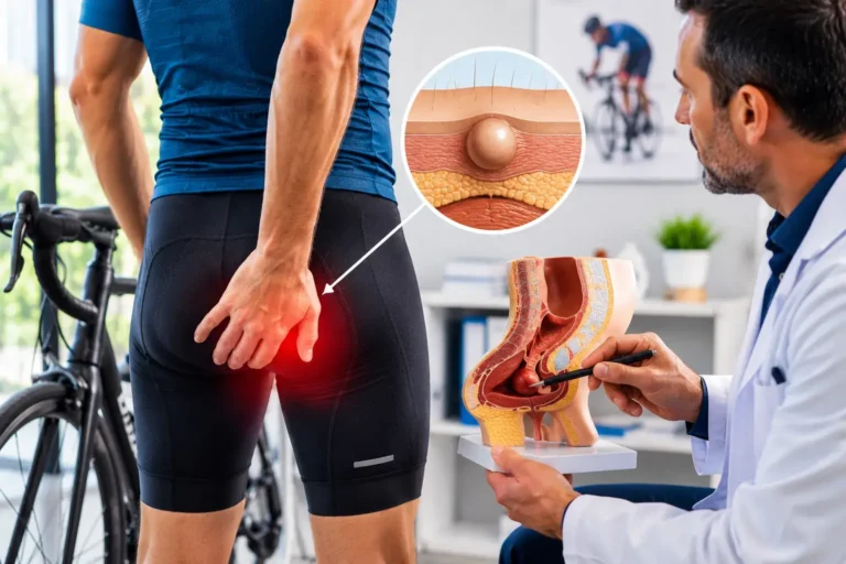 Cycliste consultant un médecin pour une douleur périnéale liée à la pratique du vélo, avec illustration médicale d’un kyste ou nodule du cycliste.