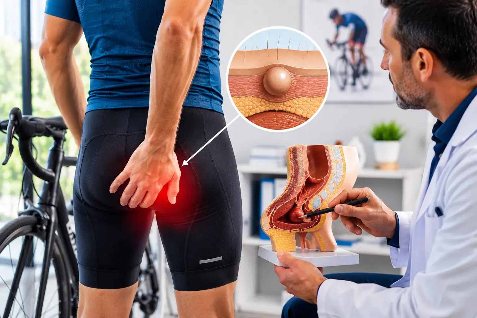 Cycliste consultant un médecin pour une douleur périnéale liée à la pratique du vélo, avec illustration médicale d’un kyste ou nodule du cycliste.