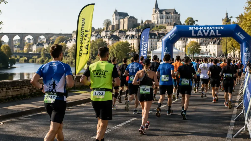 Coureurs participant au semi-marathon de Laval sur un parcours urbain dans une ambiance sportive.