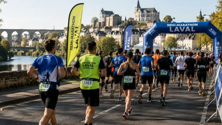 Coureurs participant au semi-marathon de Laval sur un parcours urbain dans une ambiance sportive.