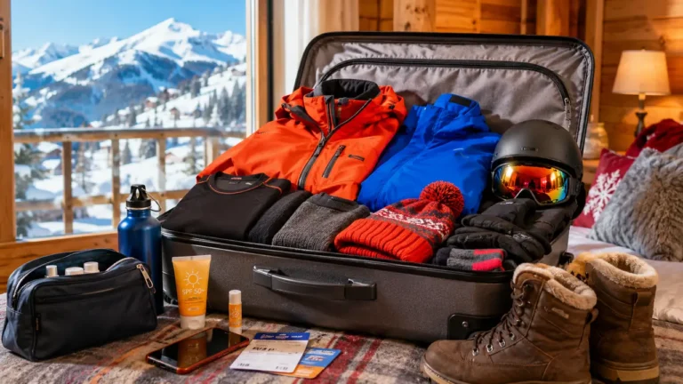 Valise ouverte dans un chalet avec vêtements de ski, casque, masque, gants et accessoires prêts pour une semaine de vacances à la montagne.
