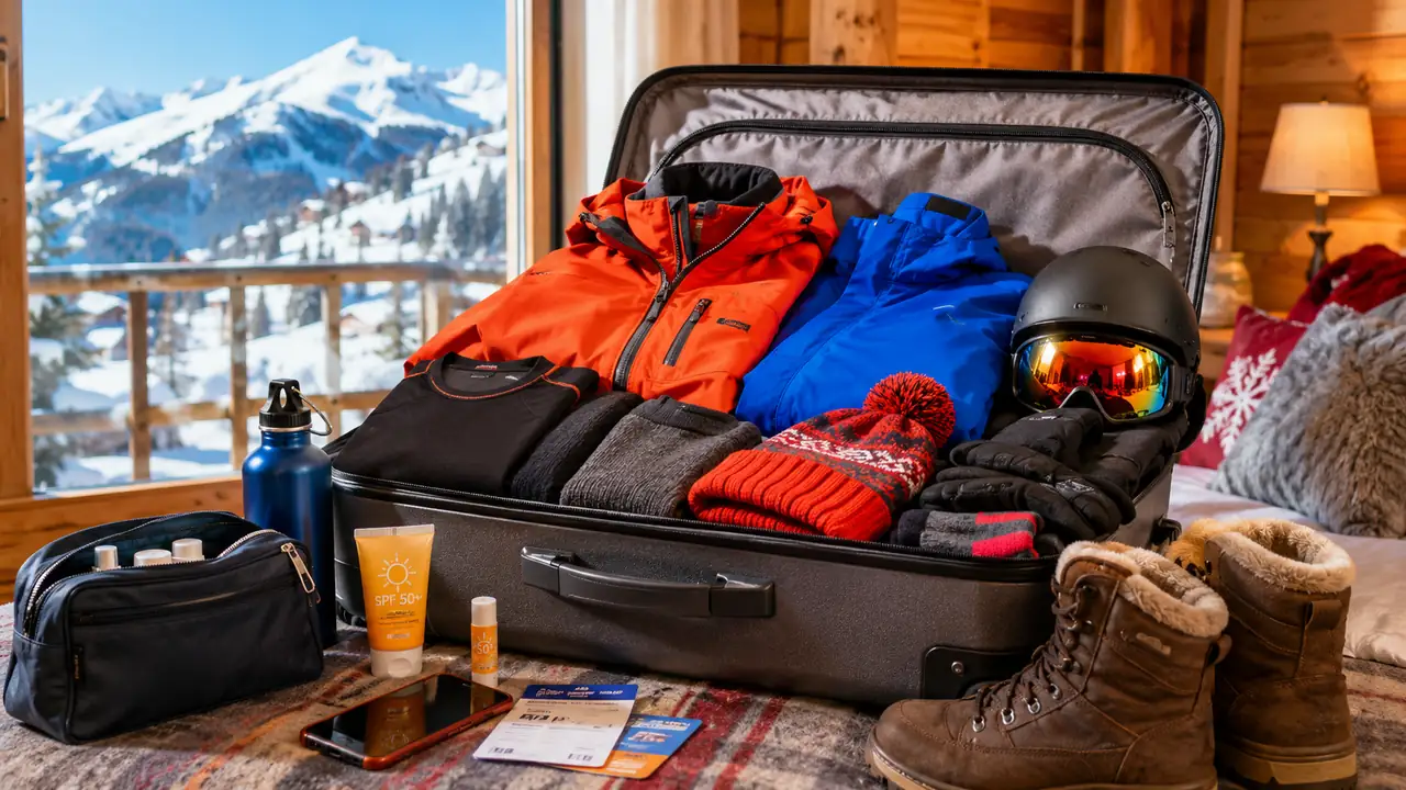 Valise ouverte dans un chalet avec vêtements de ski, casque, masque, gants et accessoires prêts pour une semaine de vacances à la montagne.
