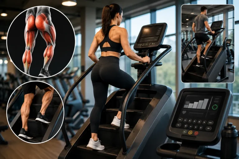 Femme utilisant une machine escalier en salle de sport moderne pour travailler les fessiers, les jambes et le cardio.