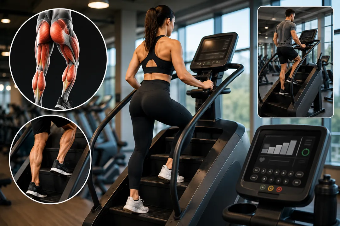 Femme utilisant une machine escalier en salle de sport moderne pour travailler les fessiers, les jambes et le cardio.