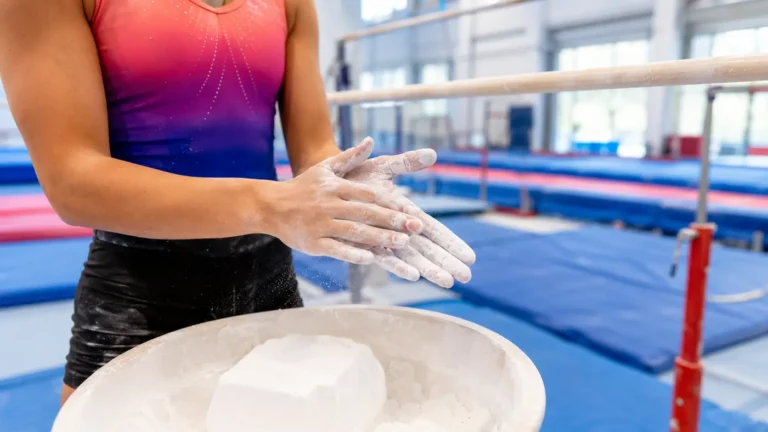 Gymnaste appliquant de la magnésie pour gymnastique sur ses mains avant de s’entraîner aux barres en salle.