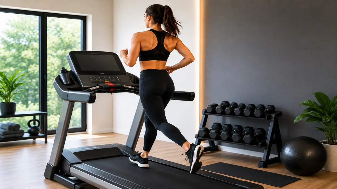 Femme courant sur un tapis de course dans une salle de sport moderne et lumineuse avec équipements de fitness, illustrant la perte de poids et l’entraînement cardio régulier.