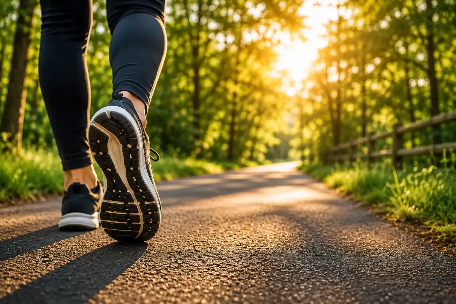 Personne marchant sur un chemin en pleine nature au coucher du soleil, illustrant la distance parcourue lors de 13 500 pas quotidiens et l’activité physique liée à la marche.