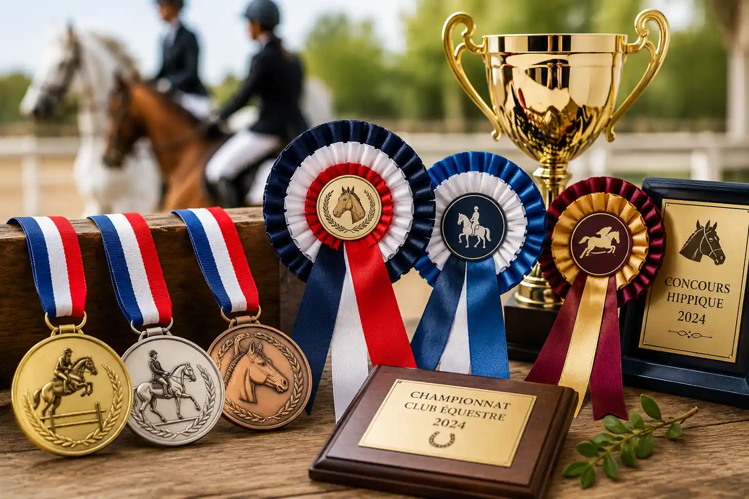 Médailles équestres colorées, rosettes de concours hippique et trophée doré lors d’une remise de prix dans un centre équestre avec chevaux et cavaliers en arrière-plan