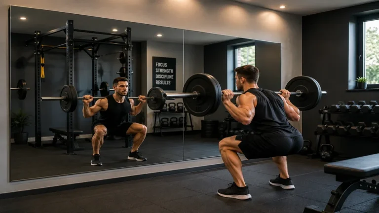 Sportif réalisant un squat devant un grand miroir de salle de sport dans un home gym moderne pour contrôler sa posture et sa technique