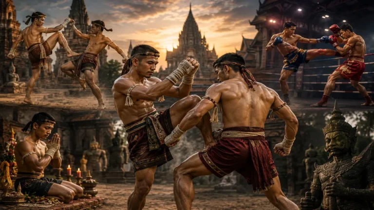Pratiquants de Muay Boran exécutant des techniques traditionnelles de combat dans un ancien temple thaïlandais au coucher du soleil
