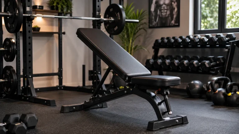 Banc de musculation réglable installé dans une salle de sport moderne avec haltères et rack de musculation.