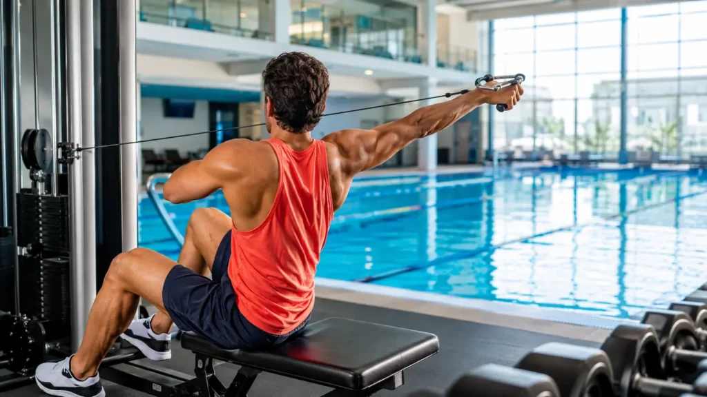 Nageur effectuant un exercice de musculation en natation avec une poulie, près d’un bassin intérieur lumineux.