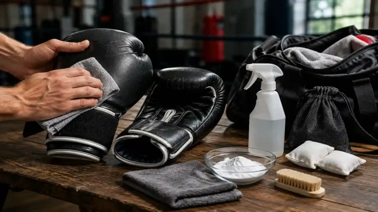 Nettoyage de gants de boxe en cuir avec chiffon microfibre et accessoires d’entretien sur une table dans une salle de sport.