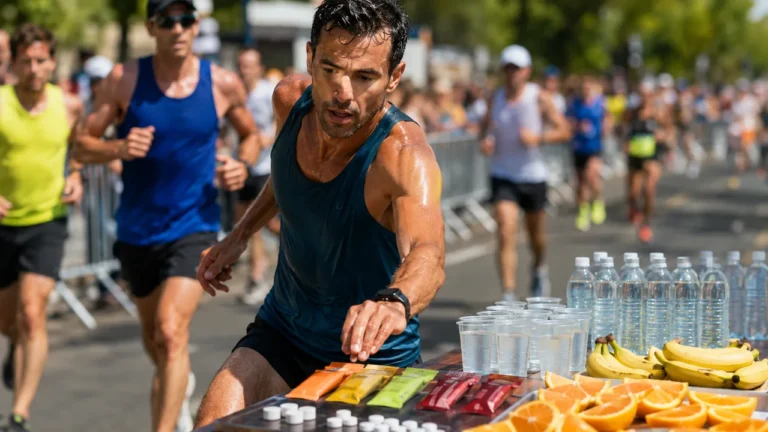 Coureur de marathon prenant un ravitaillement avec gels énergétiques, eau, bananes et oranges pendant une course.