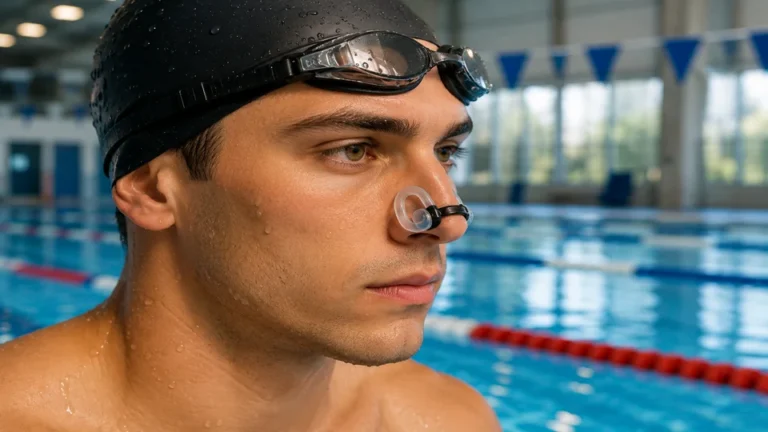 Nageur portant un pince-nez pour natation au bord d’une piscine afin d’éviter l’entrée d’eau dans les narines pendant l’entraînement