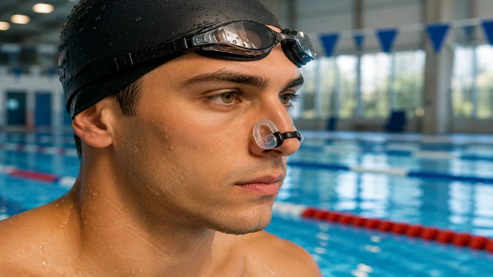 Nageur portant un pince-nez pour natation au bord d’une piscine afin d’éviter l’entrée d’eau dans les narines pendant l’entraînement