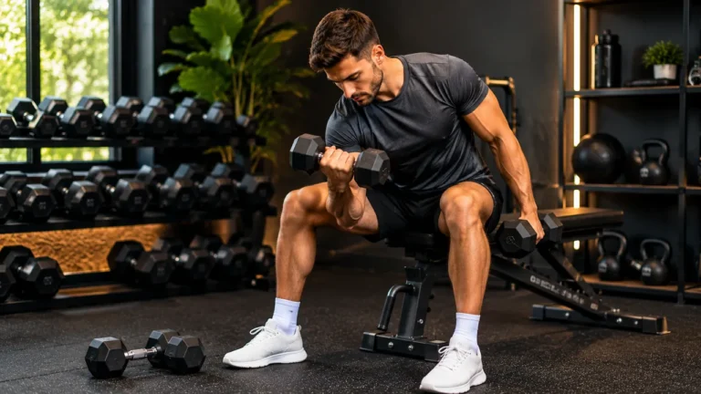 Sportif s'entraînant avec des haltères dans une salle de musculation pour choisir une charge adaptée à son niveau.