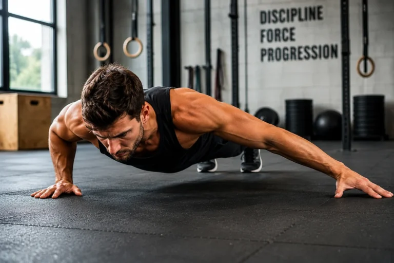 Homme réalisant une pompe archer au sol dans une salle de sport avec posture asymétrique et gainage renforcé.