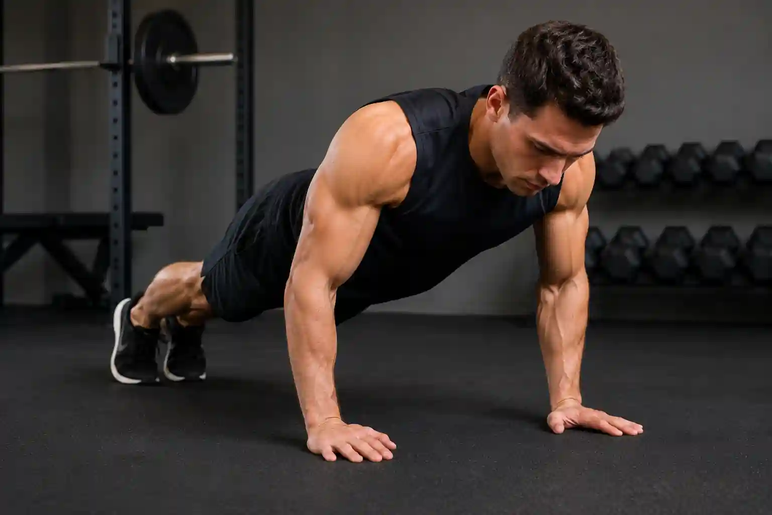 Homme réalisant des pompes classiques en salle de sport pour illustrer que les pompes sollicitent principalement les pectoraux et les triceps plutôt que les biceps.