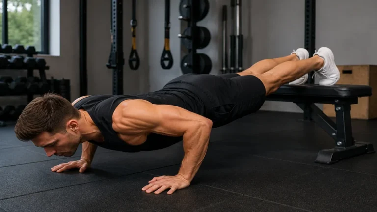 Sportif réalisant des pompes pieds surélevés sur un banc dans une salle de sport pour renforcer les pectoraux supérieurs et les épaules