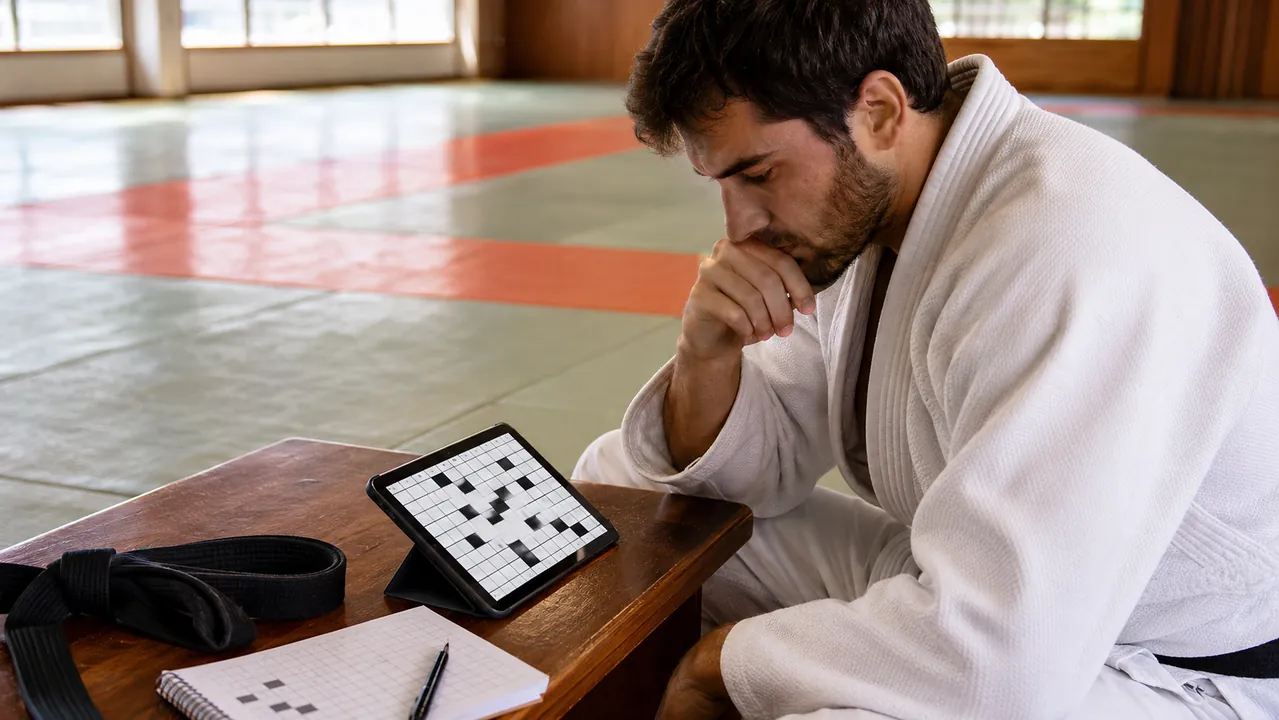 Judoka en kimono réfléchissant devant une grille de mots fléchés sans texte dans un dojo avec ceinture noire posée sur la table.