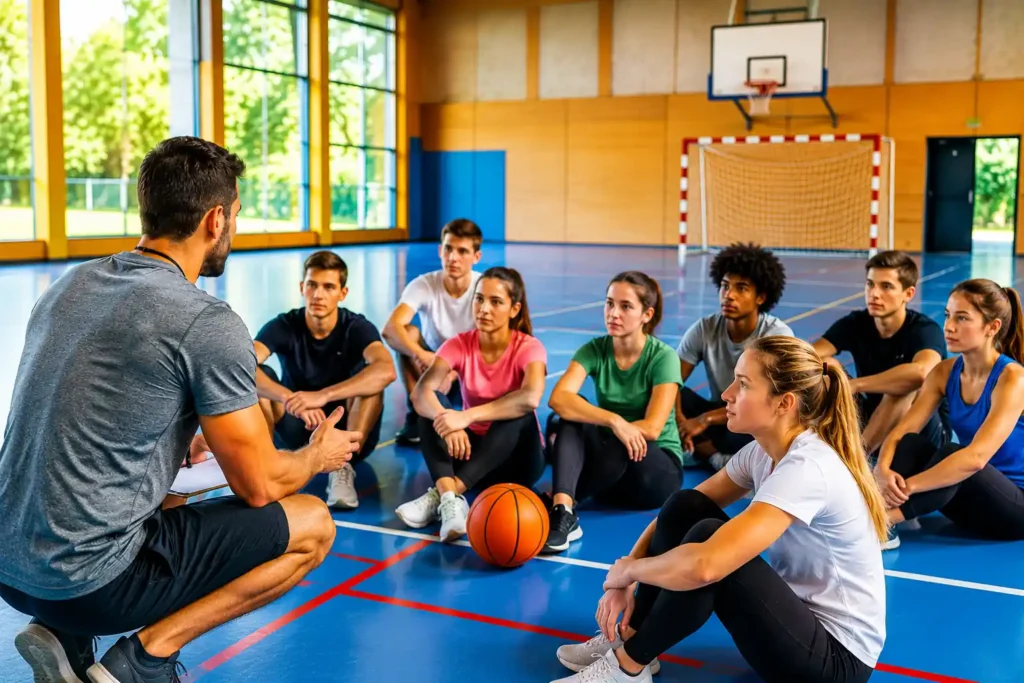 Professeur d’EPS encadrant un groupe d’élèves dans un gymnase moderne lors d’un cours de sport, ambiance dynamique et couleurs vives