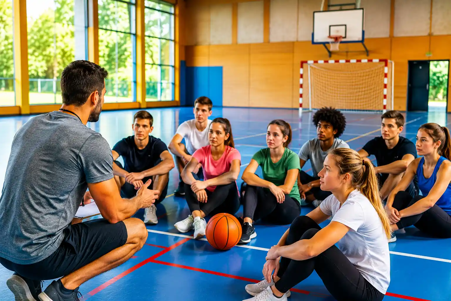 Professeur d’EPS encadrant un groupe d’élèves dans un gymnase moderne lors d’un cours de sport, ambiance dynamique et couleurs vives