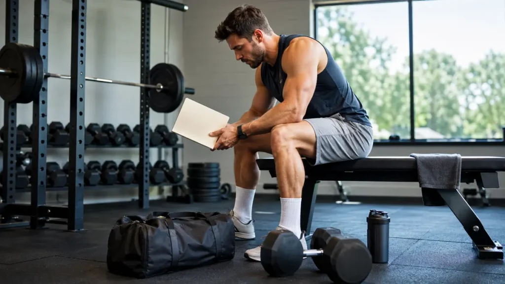 programme musculation 4 jours par semaine avec un sportif préparant sa séance dans une salle de sport