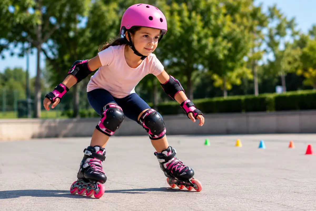 enfant en roller portant un casque rose, des genouillères, des coudières et des protège-poignets dans un parc